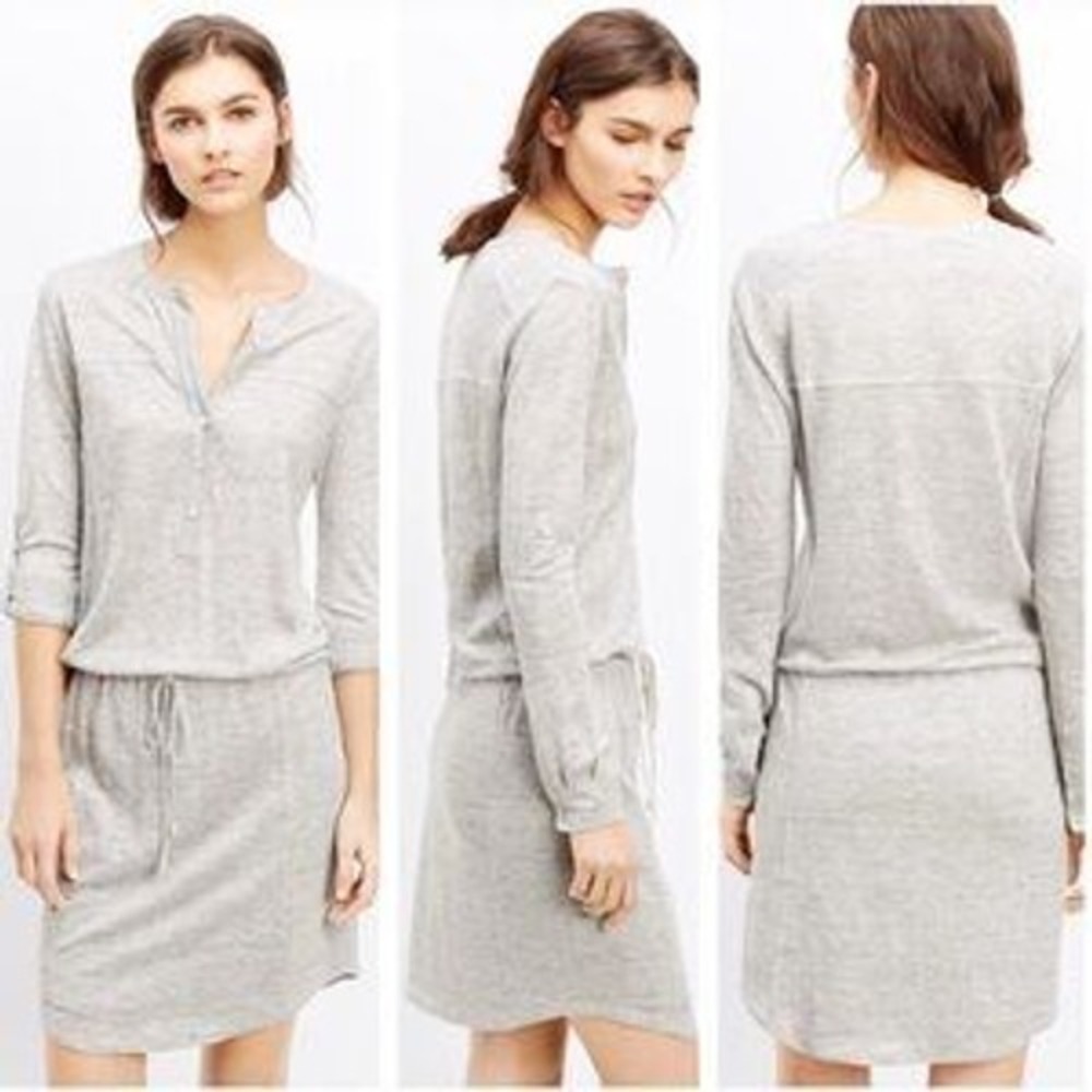 Vince Linen Silk Blend Henley Drawstring Waist Shirt Dress Size S Gray Heathered